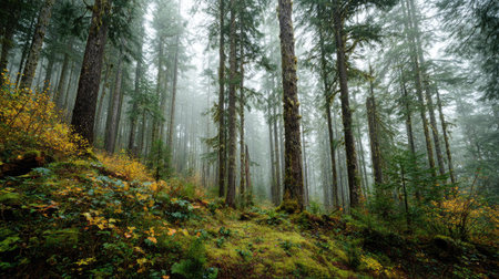 A photograph of Pacific Northwest forests 170 with forest hills under mist, rain soaked forest ground, golden forest autumn, ultra realistic landscape photography, wide angle lens, natural colors, clean composition, no peopleの写真素材