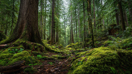 A photograph of Pacific Northwest forests 176 with old growth forest landscape, forest floor leaf litter, fresh rainforest spring, ultra realistic landscape photography, wide angle lens, natural colors, clean composition, no peopleの写真素材