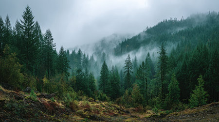 A photograph of Pacific Northwest forests 208 with evergreen forest hills, shaded forest plants,...