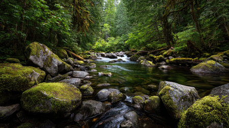 A photograph of Pacific Northwest forests 178 with rainforest river valley, moss covered rocks,...