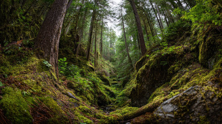 A photograph of Pacific Northwest forests 223 with ancient forest valley basin, conifer forest needles, fresh rainforest spring, ultra realistic landscape photography, wide angle lens, natural colors, clean composition, no peopleの写真素材