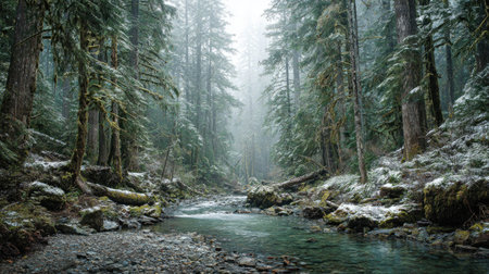 A photograph of Pacific Northwest forests with pacific northwest forest ridge, forest stream water,...