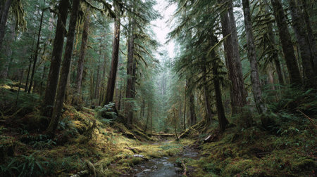 A photograph of Pacific Northwest forests 424 with ancient conifer forest, evergreen forest canopy,...