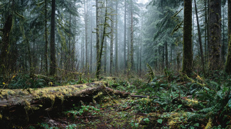 A photograph of Pacific Northwest forests 268 with rainforest forest floor landscape, damp woodland...