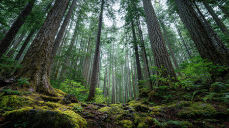 A photograph of Pacific Northwest forests with old forest with towering trees, wet forest soil, lush...