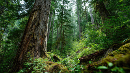 A photograph of Pacific Northwest forests 2 with pacific northwest temperate rainforest, old growth tree bark, lush forest summer, ultra realistic landscape photography, wide angle lens, natural colors, clean composition, no peopleの写真素材