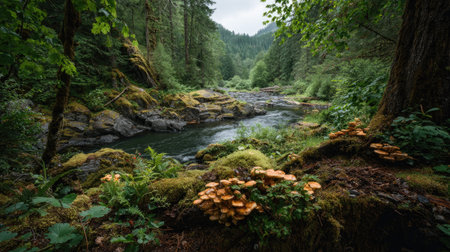 A photograph of Pacific Northwest forests with dense forest overlooking river, wild woodland...