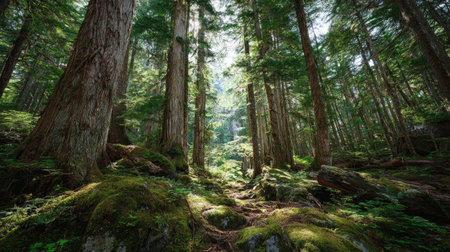 A photograph of Pacific Northwest forests 373 with ancient forest valley basin, western red cedar...