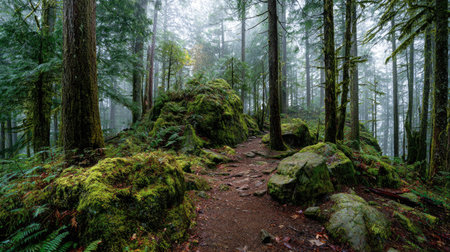 A photograph of Pacific Northwest forests with forest trail through old growth trees, moss covered...