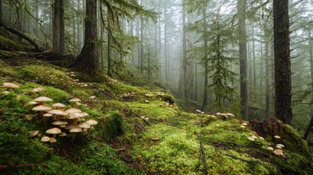 A photograph of Pacific Northwest forests 284 with evergreen forest canyon, wild woodland mushrooms, misty forest winter, ultra realistic landscape photography, wide angle lens, natural colors, clean composition, no peopleの写真素材