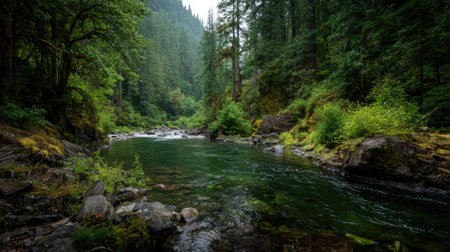 A photograph of Pacific Northwest forests 325 with dense forest overlooking river, forest stream water, lush forest summer, ultra realistic landscape photography, wide angle lens, natural colors, clean composition, no peopleの写真素材