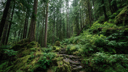 A photograph of Pacific Northwest forests 339 with temperate rainforest ravine, thick rainforest...