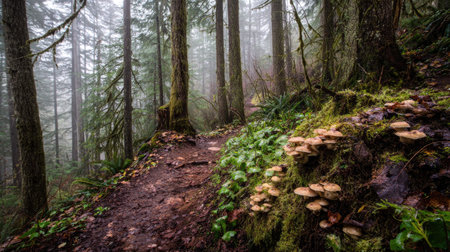 A photograph of Pacific Northwest forests 408 with forest trail through old growth trees, wild...