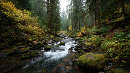 A photograph of Pacific Northwest forests with forest valley waterfalls, rainforest undergrowth...