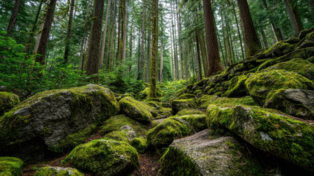 A photograph of Pacific Northwest forests 340 with pacific northwest forest plateau, mossy forest stones, lush forest summer, ultra realistic landscape photography, wide angle lens, natural colors, clean composition, no peopleの写真素材