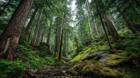 A photograph of Pacific Northwest forests 272 with temperate rainforest mountain slope, giant conifer trees, fresh rainforest spring, ultra realistic landscape photography, wide angle lens, natural colors, clean composition, no peopleの写真素材
