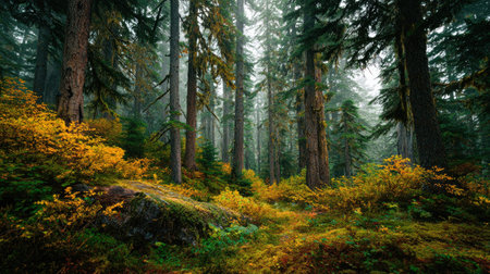 A photograph of Pacific Northwest forests 430 with rainforest forest floor landscape, damp woodland...