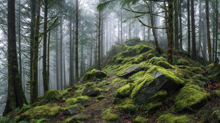 A photograph of Pacific Northwest forests 426 with coastal rainforest hills, moss covered rocks,...