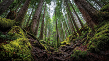 A photograph of Pacific Northwest forests 413 with evergreen forest canyon, moss covered tree...