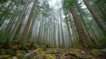 A photograph of Pacific Northwest forests 351 with old forest with towering trees, giant conifer...