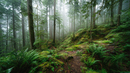 A photograph of Pacific Northwest forests 383 with forest hills under mist, fern filled forest clearings, fresh rainforest spring, ultra realistic landscape photography, wide angle lens, natural colors, clean composition, no peopleの写真素材
