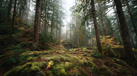 A photograph of Pacific Northwest forests 471 with forest hills under mist, thick forest moss,...