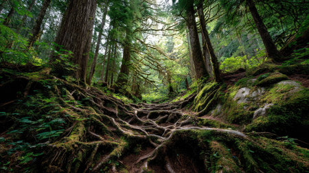 A photograph of Pacific Northwest forests 359 with ancient forest valley basin, ancient tree roots,...