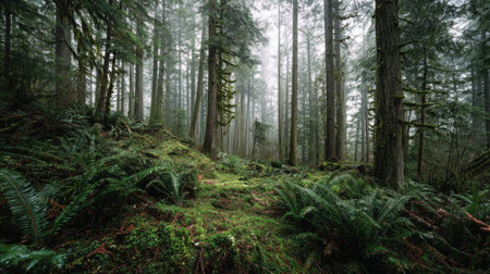 A photograph of Pacific Northwest forests 296 with rainforest forest floor landscape, ferns covering...