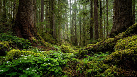 A photograph of Pacific Northwest forests 444 with old growth forest landscape, rainforest...