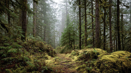 A photograph of Pacific Northwest forests 475 with rainforest forest floor landscape, thick rainforest shrubs, misty forest winter, ultra realistic landscape photography, wide angle lens, natural colors, clean composition, no peopleの写真素材
