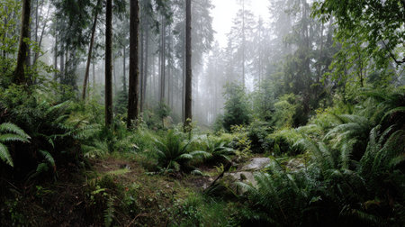 A photograph of Pacific Northwest forests 432 with forest hills under mist, dense forest ferns, lush...