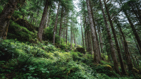 A photograph of Pacific Northwest forests 453 with evergreen forest hills, rainforest undergrowth plants, lush forest summer, ultra realistic landscape photography, wide angle lens, natural colors, clean composition, no peopleの写真素材