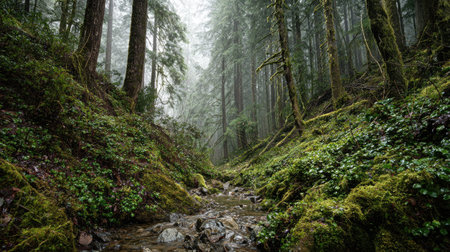 A photograph of Pacific Northwest forests 466 with temperate rainforest mountain slope, forest creek...