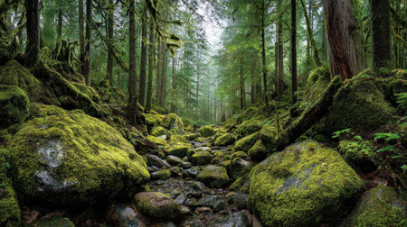 A photograph of Pacific Northwest forests 464 with temperate rainforest mountain slope, mossy forest stones, fresh rainforest spring, ultra realistic landscape photography, wide angle lens, natural colors, clean composition, no peopleの写真素材