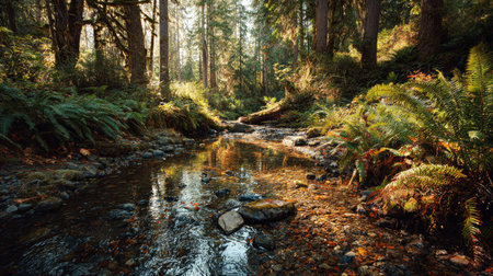 A photograph of Pacific Northwest forests 355 with rainforest valley with stream, ferns covering forest floor, golden forest autumn, ultra realistic landscape photography, wide angle lens, natural colors, clean composition, no peopleの写真素材