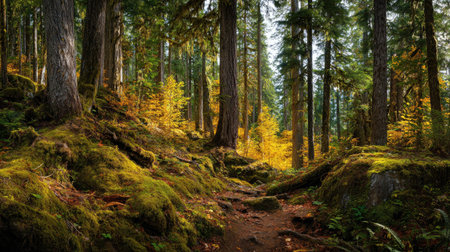 A photograph of Pacific Northwest forests 343 with mossy forest valley, western red cedar trees,...