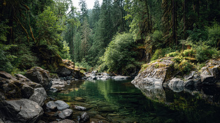 A photograph of Pacific Northwest forests 399 with forest surrounding mountain creek, forest stream...