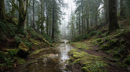 A photograph of Pacific Northwest forests 348 with rainforest valley with stream, wet forest soil,...