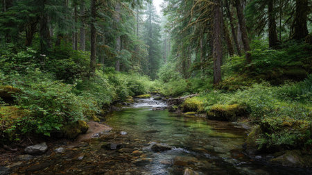 A photograph of Pacific Northwest forests 278 with rainforest river valley, rainforest undergrowth...