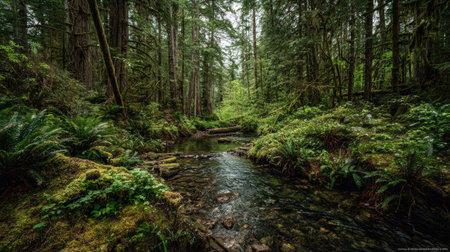 A photograph of Pacific Northwest forests 396 with pacific northwest forest ridge, forest creek vegetation, fresh rainforest spring, ultra realistic landscape photography, wide angle lens, natural colors, clean composition, no peopleの写真素材