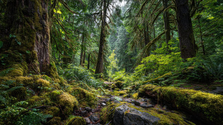 A photograph of Pacific Northwest forests 303 with evergreen forest canyon, thick forest moss, lush...