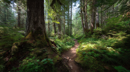 A photograph of Pacific Northwest forests 129 with forest trail through old growth trees, sitka...
