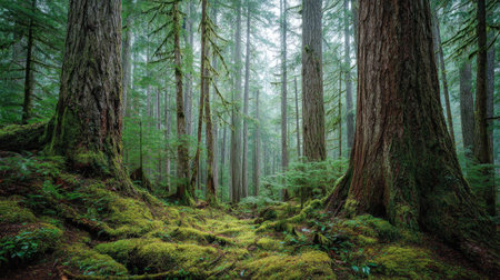 A photograph of Pacific Northwest forests 215 with old growth forest landscape, old growth tree bark, fresh rainforest spring, ultra realistic landscape photography, wide angle lens, natural colors, clean composition, no peopleの写真素材