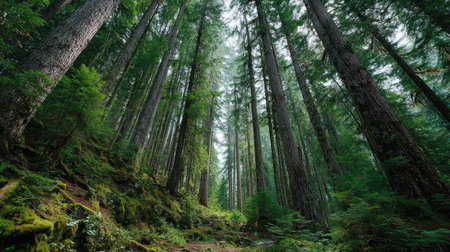 A photograph of Pacific Northwest forests 141 with old forest with towering trees, towering douglas...