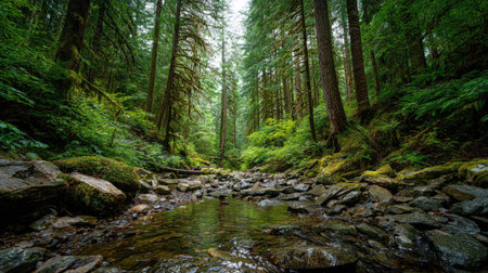A photograph of Pacific Northwest forests 209 with rainforest valley with stream, towering douglas...