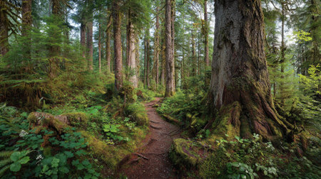 A photograph of Pacific Northwest forests 129 with forest trail through old growth trees, sitka...
