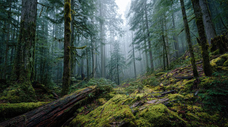 A photograph of Pacific Northwest forests 119 with coastal rainforest hills, fallen mossy logs,...