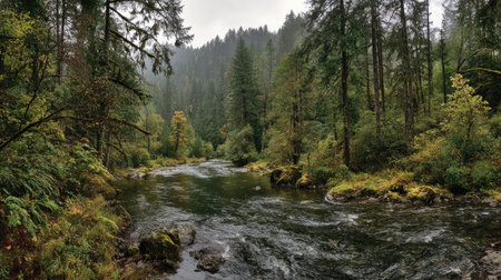 A photograph of Pacific Northwest forests 160 with dense forest overlooking river, sitka spruce...