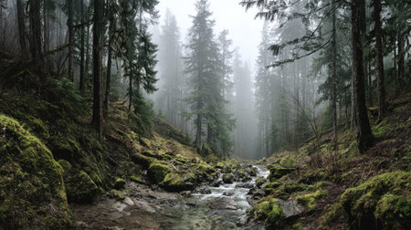 A photograph of Pacific Northwest forests 128 with rainforest valley with stream, fern filled forest...