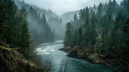 A photograph of Pacific Northwest forests 275 with dense forest overlooking river, coastal forest plants, misty forest winter, ultra realistic landscape photography, wide angle lens, natural colors, clean composition, no peopleの写真素材